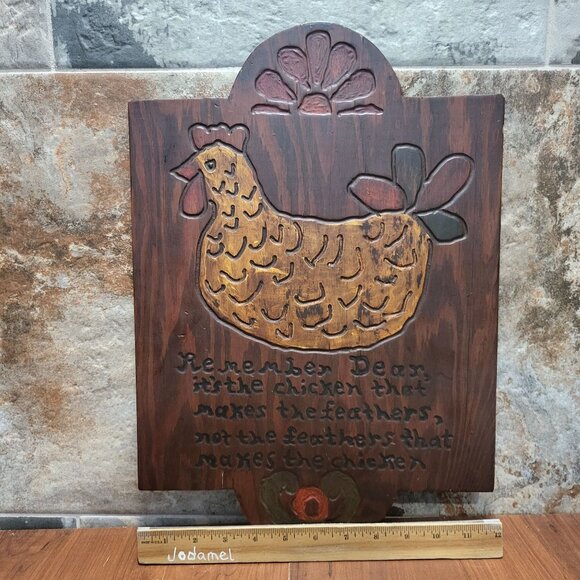 Vintage Wooden Chicken Wall Hanging Decor Its The Chicken That Makes the Feather - Picture 9 of 12